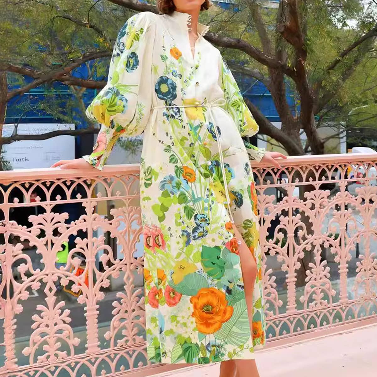 STAND COLLAR SINGLE BREASTED LONG DRESS