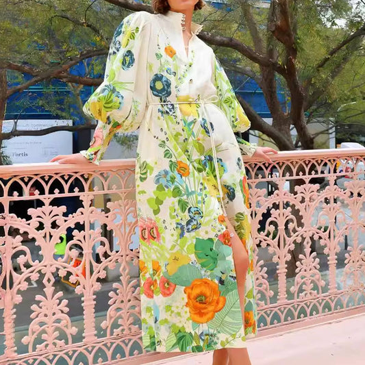 STAND COLLAR SINGLE BREASTED LONG DRESS