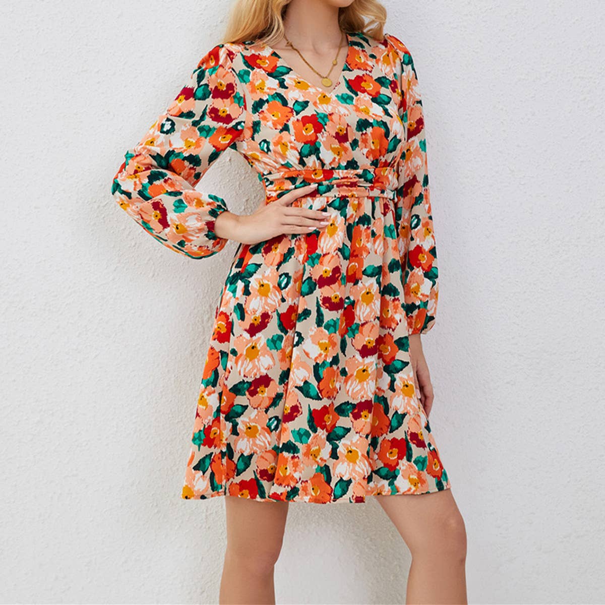 V-neck floral waist-cinched elegant dress