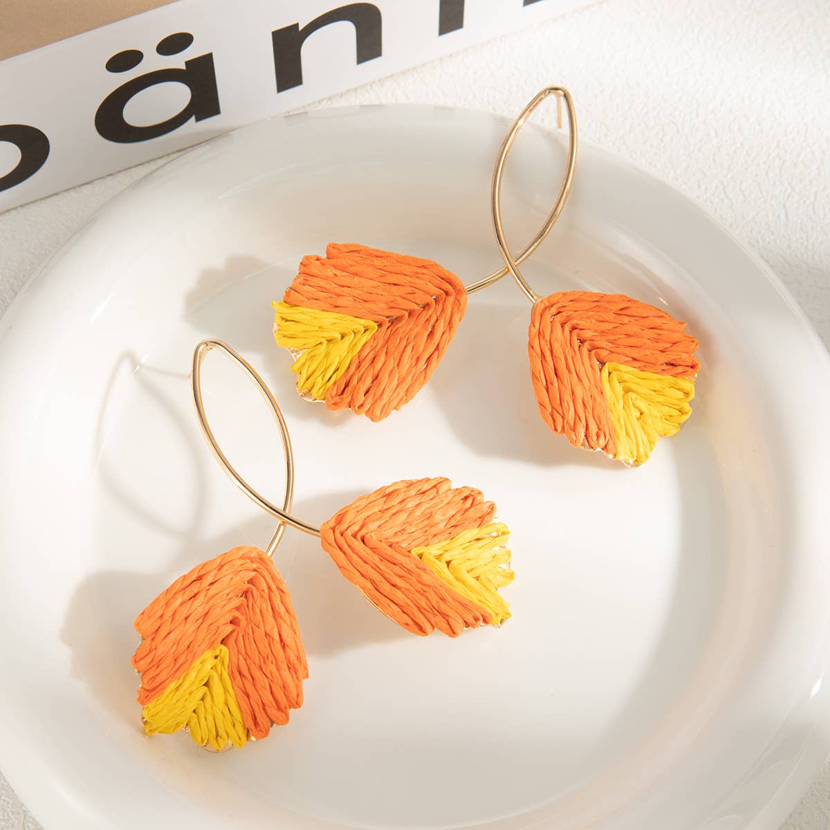 Colorful woven trendy texture line leaf earrings