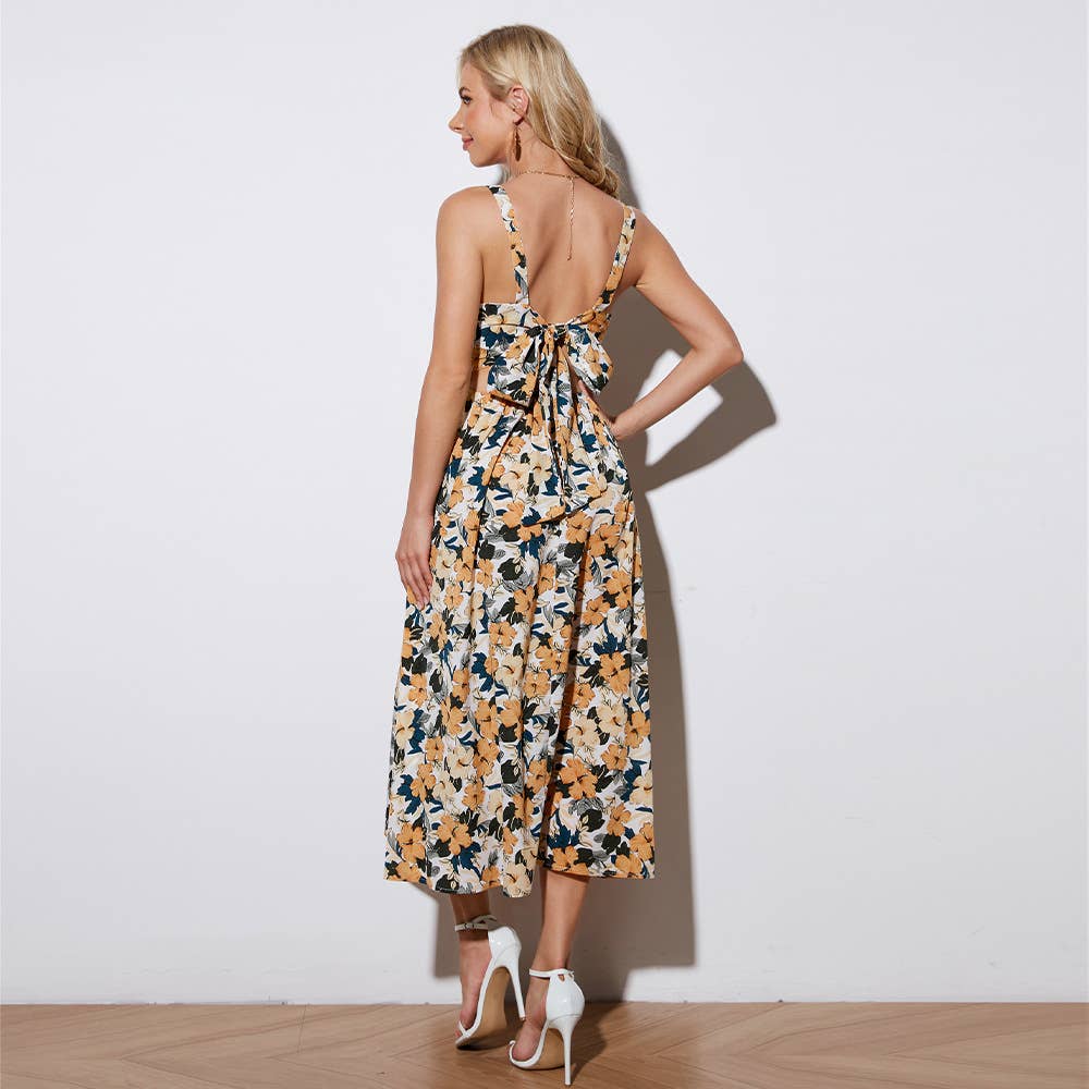 Sleeveless print French floral halter dress