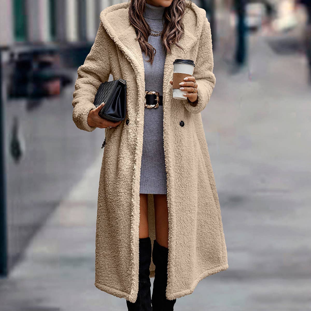 SOLID COLOR LONG-SLEEVED PLUSH HOODED JACKET
