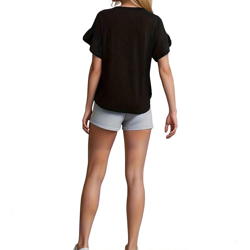 Round neck short sleeve T-shirt with lotus sleeves