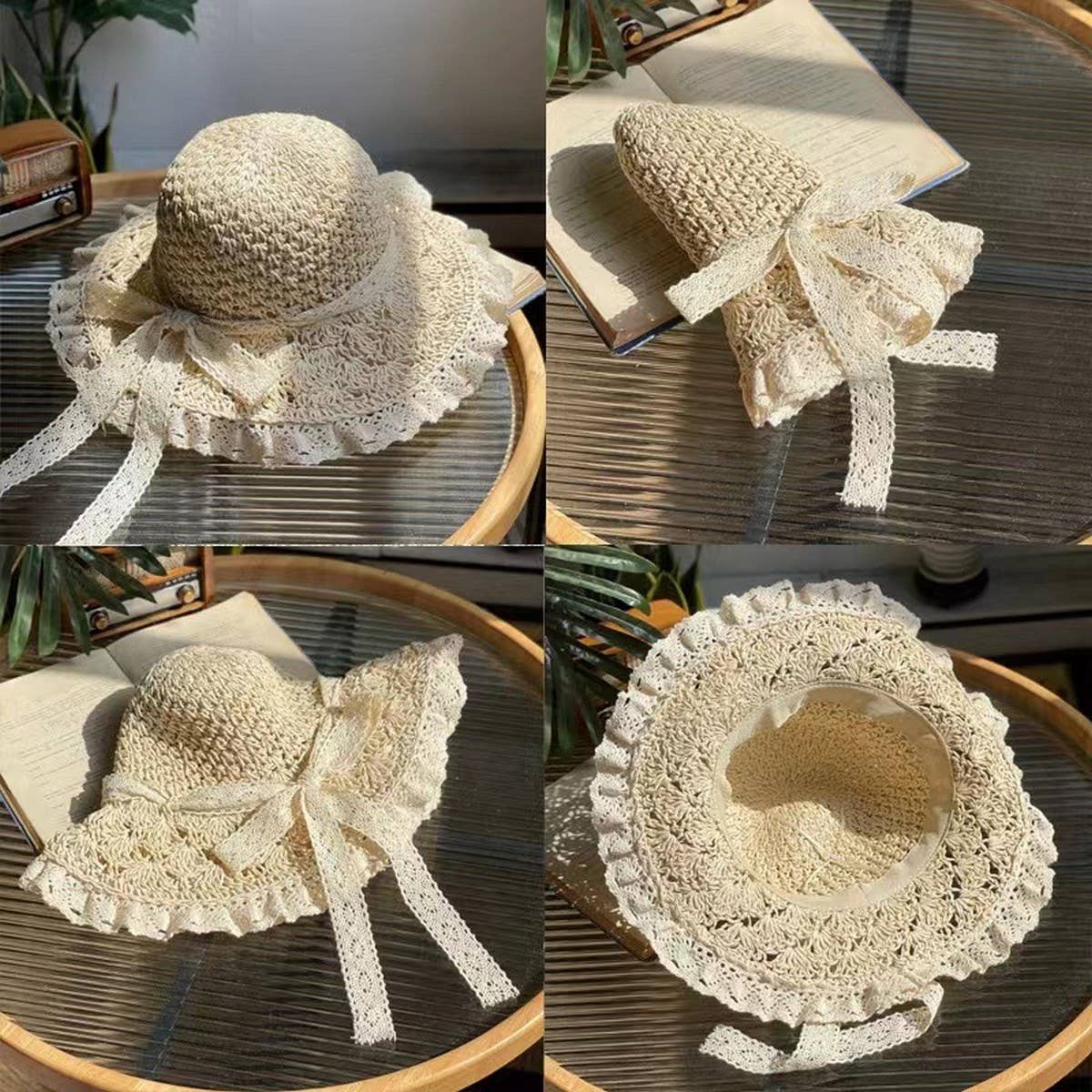 HAND-WOVEN BOW FOLDABLE LACE STRAW HAT_CWAH1174