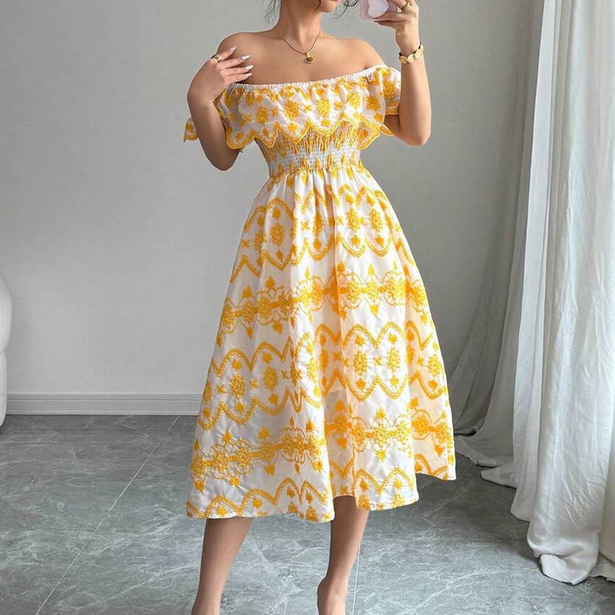 One-shoulder ruffled cutout embroidered dress