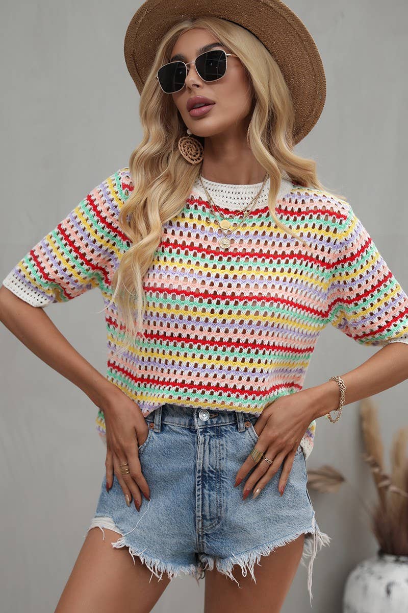 Cwtts0736_Crochet Short Sleeve Pullover Sweater