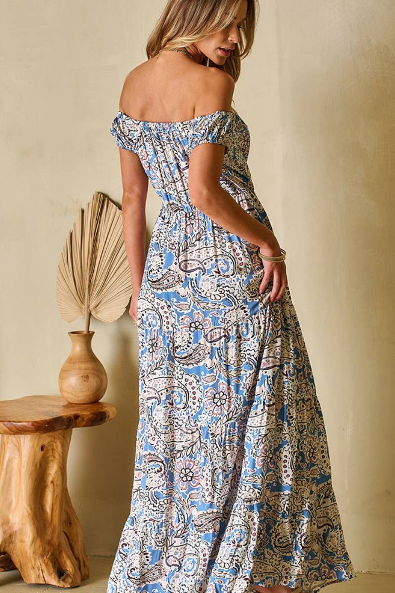 CWDMD3176_VINTAGE ONE-SHOULDER BOHEMIAN HIGH-WAISTED DRESS