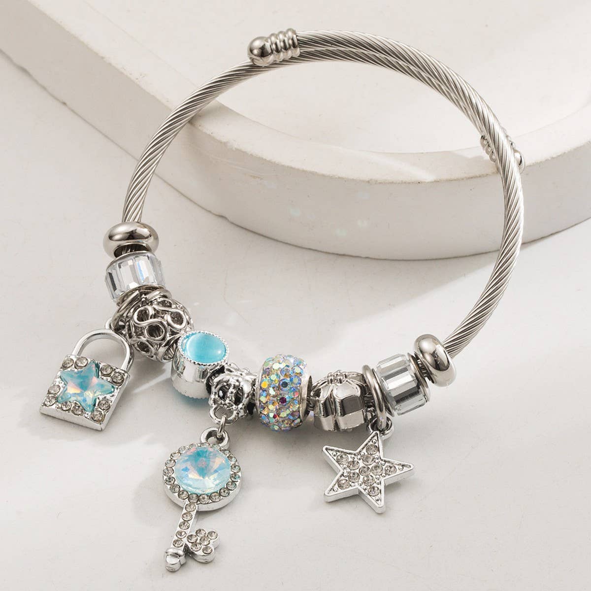 Lock & Key Charm Adjustable Steel Bracelet
