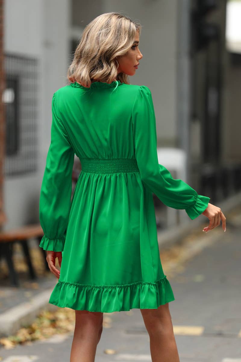 CWDSD6409_RUFFLED DEEP V LONG-SLEEVED HIGH-WAISTED DRESS