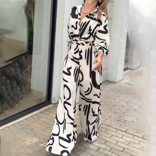 STYLISH CASUAL PRINT LAPEL BAGGY JUMPSUIT