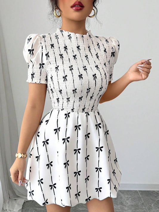 Waist-cinching bow printed flower bud dress