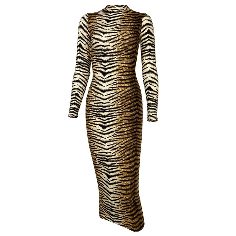 FASHION LEOPARD PRINT LONG SLEEVE SLIM-FIT DRESS