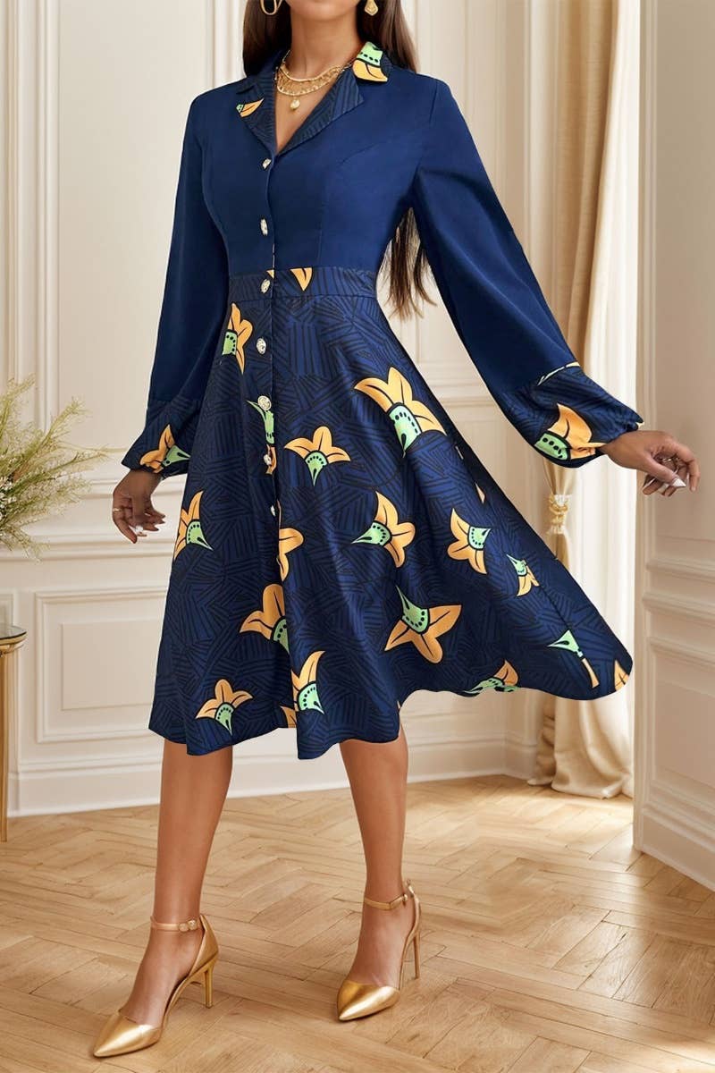 CWDSD6520_FLORAL PRINT BUTTON-UP LONG-SLEEVED SHIRT DRESS