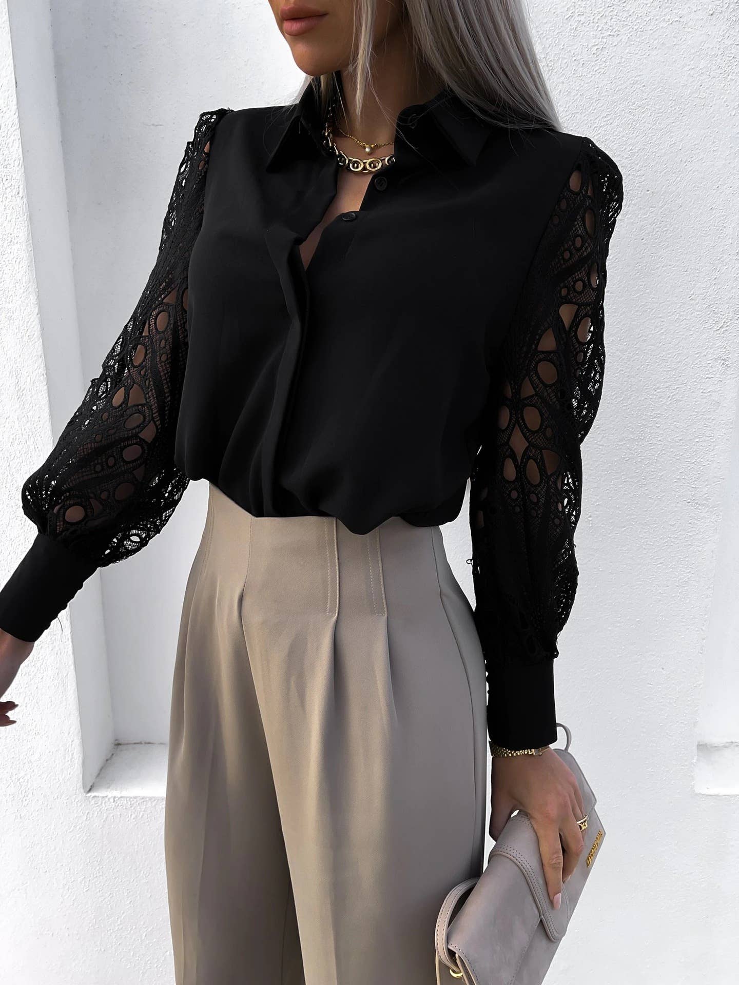 WOMEN'S SOLID COLOR LACE CUTOUT PATCHWORK SHIRT