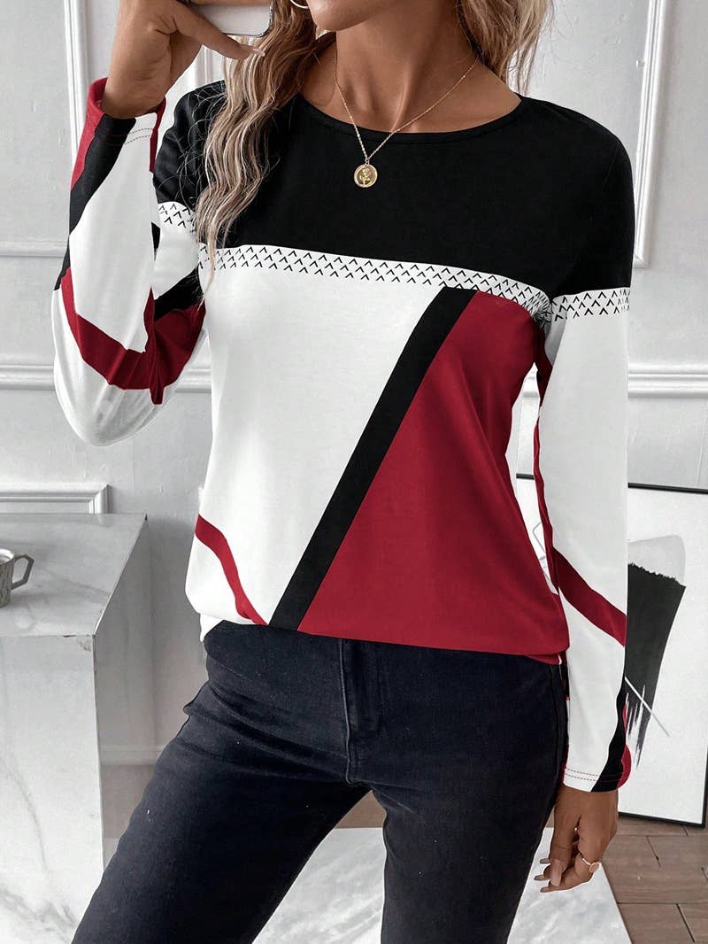 Round-neck color-blocking geometric print top