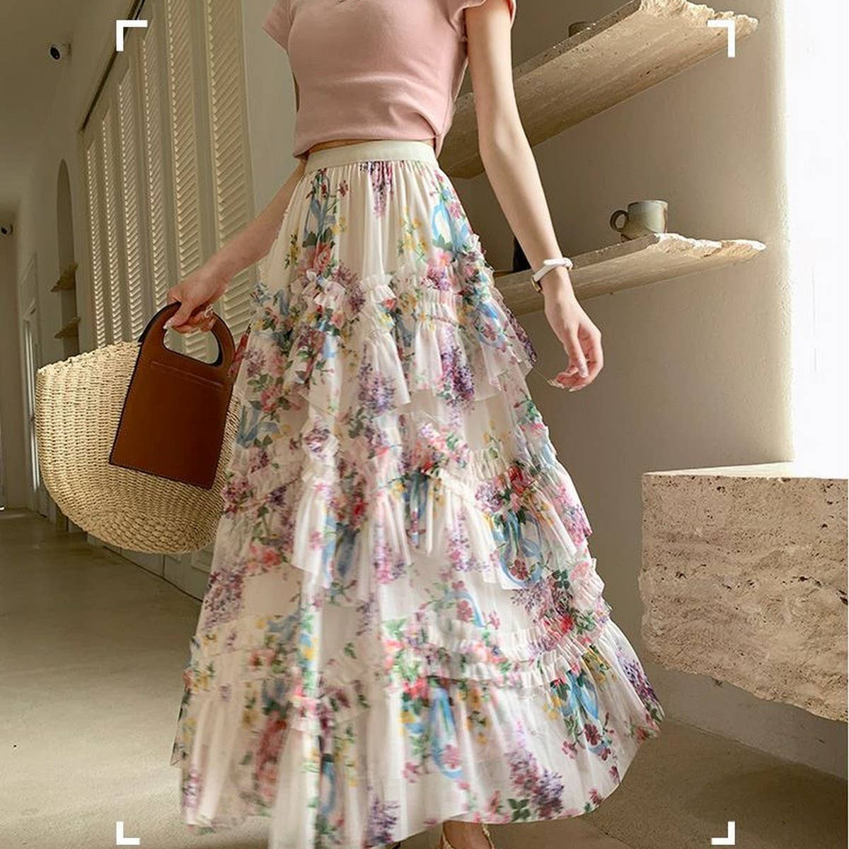 COLORFUL FLORAL MESH PRINT PLEATED TULLE SKIRT