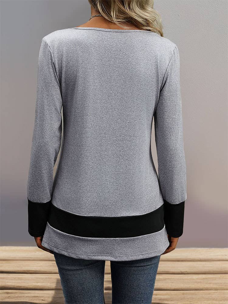 SIMPLE SOLID COLOR V-NECK LONG SLEEVE T-SHIRT