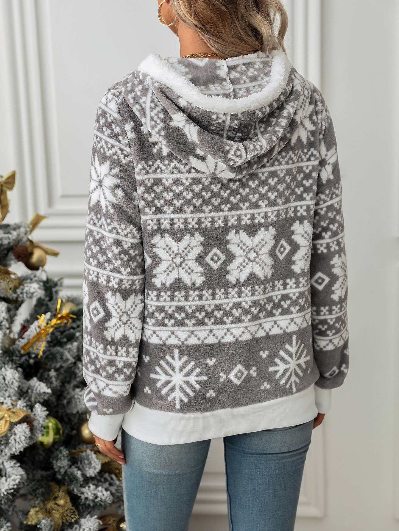 Hooded cardigan Christmas print fleece coat