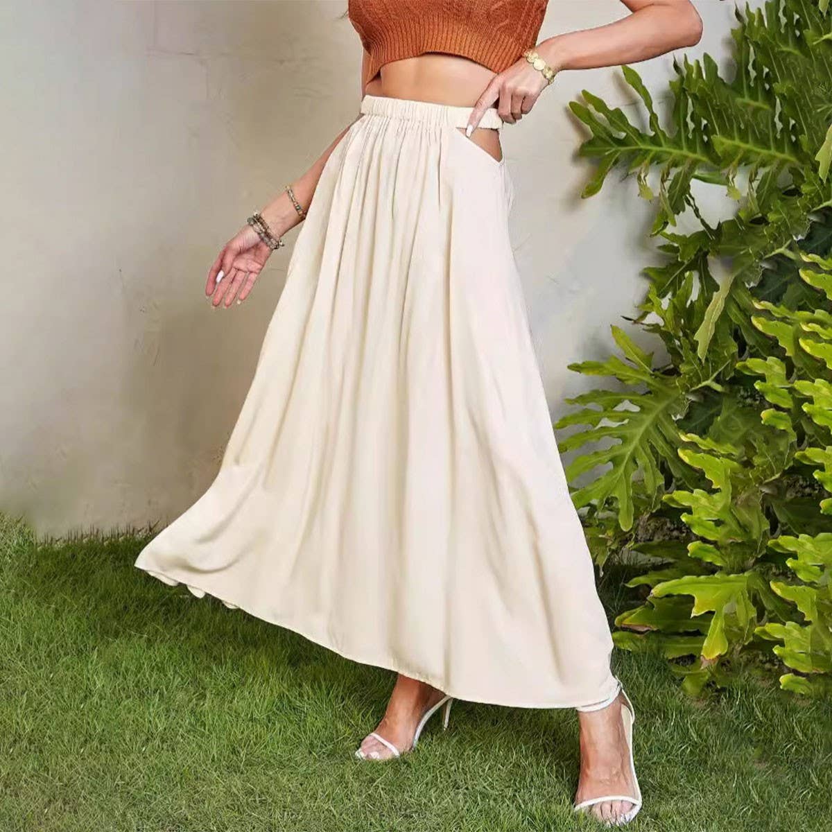 SOLID COLOR SKIRT HIGH WAIST ELASTIC LONG SKIRT_CWBSS0411