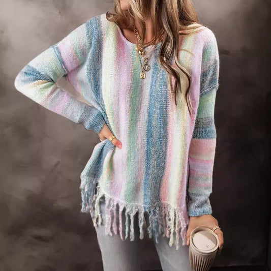 Stylish lady with fringe patchwork sweater