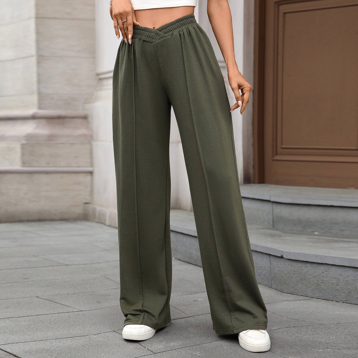 Solid color tight-waist straight casual pants