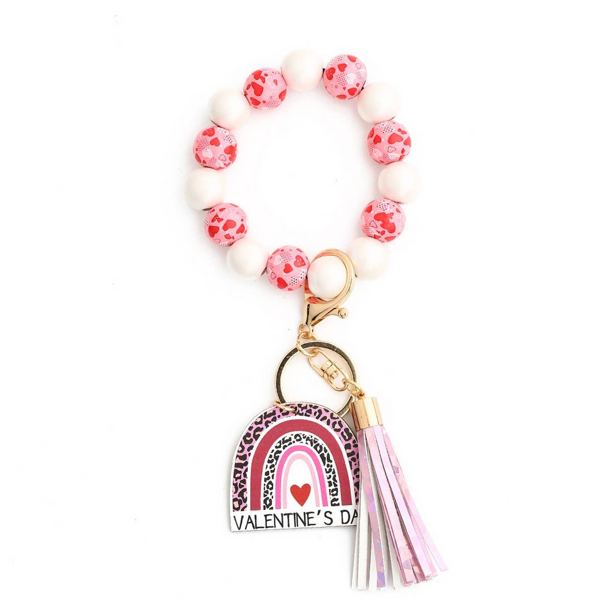 Heart Charm Wooden Bead Bracelet Keychain_CWAB5077