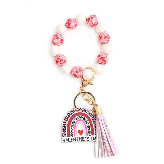 Heart Wooden Bead Bracelet Keychain Pendant