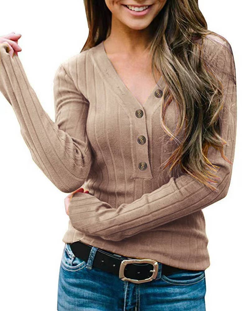 V-NECK BUTTON SOLID COLOR LONG-SLEEVED SWEATER