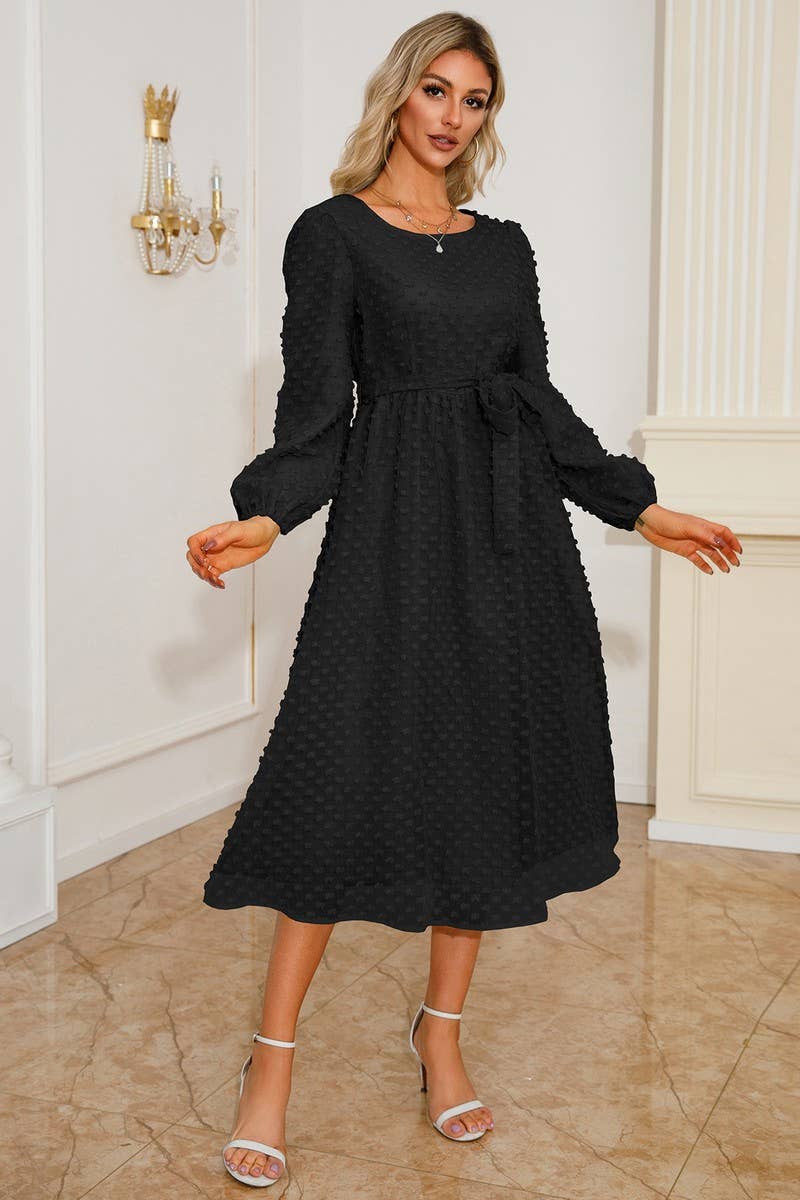 CWDMD3996_ROUND NECK TIE JACQUARD LONG SLEEVE DRESS