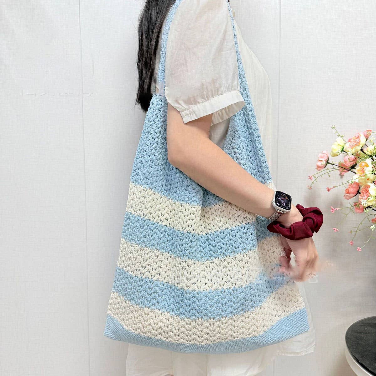 CUAB00629_2025 STRIPED WOVEN TOTE BAG LARGE CAPACITY SHOULDE