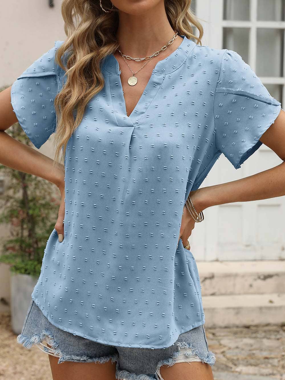 V-NECK JACQUARD SHORT SLEEVE SHIRT BLOUSE
