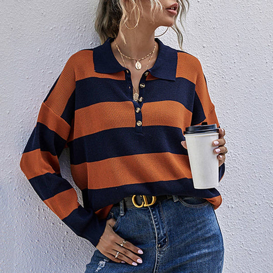 JAPANESE STRIPED LAPEL COLOR LONG-SLEEVED SWEATER