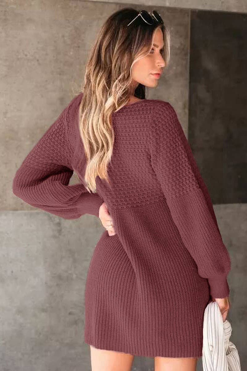CWDSD5912_V-NECK LANTERN SLEEVE KNITTED SWEATER DRESS