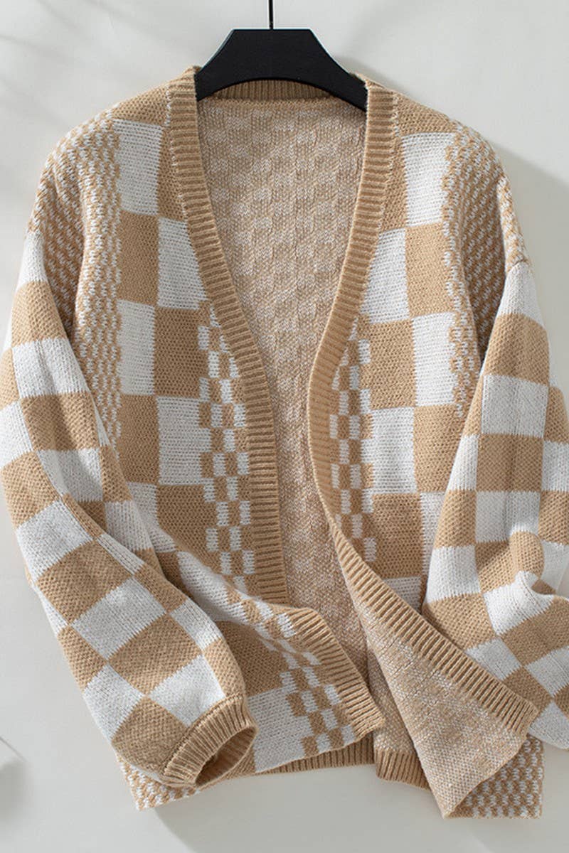 CWOCAL0867_CONTRAST CHECK BALLOON SLEEVE KNITTED CARDIGAN