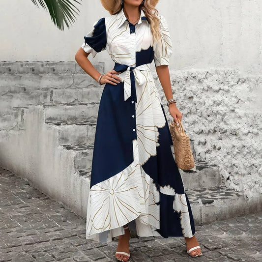 Irregularly print high-waisted shirt-style dress