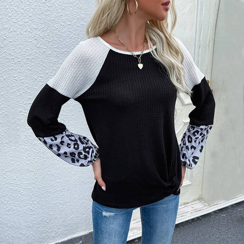 LEOPARD PRINT PATCHWORK LONG SLEEVE COLOR SWEATER