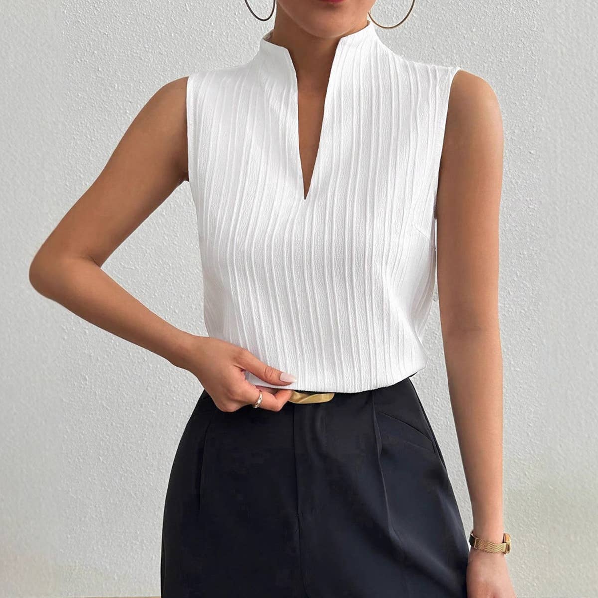 Solid-color V-neck slimming texture casual Top