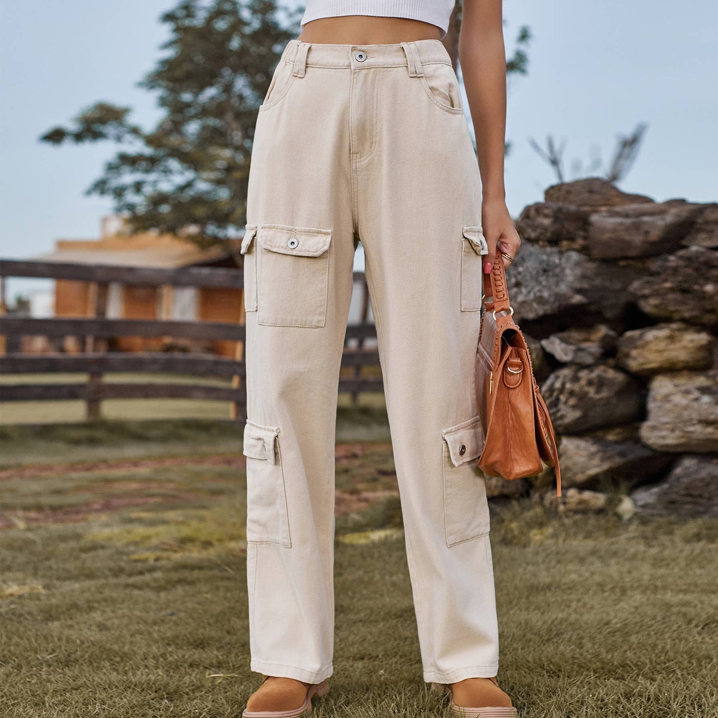 Semi-elastic personalized denim cargo pants