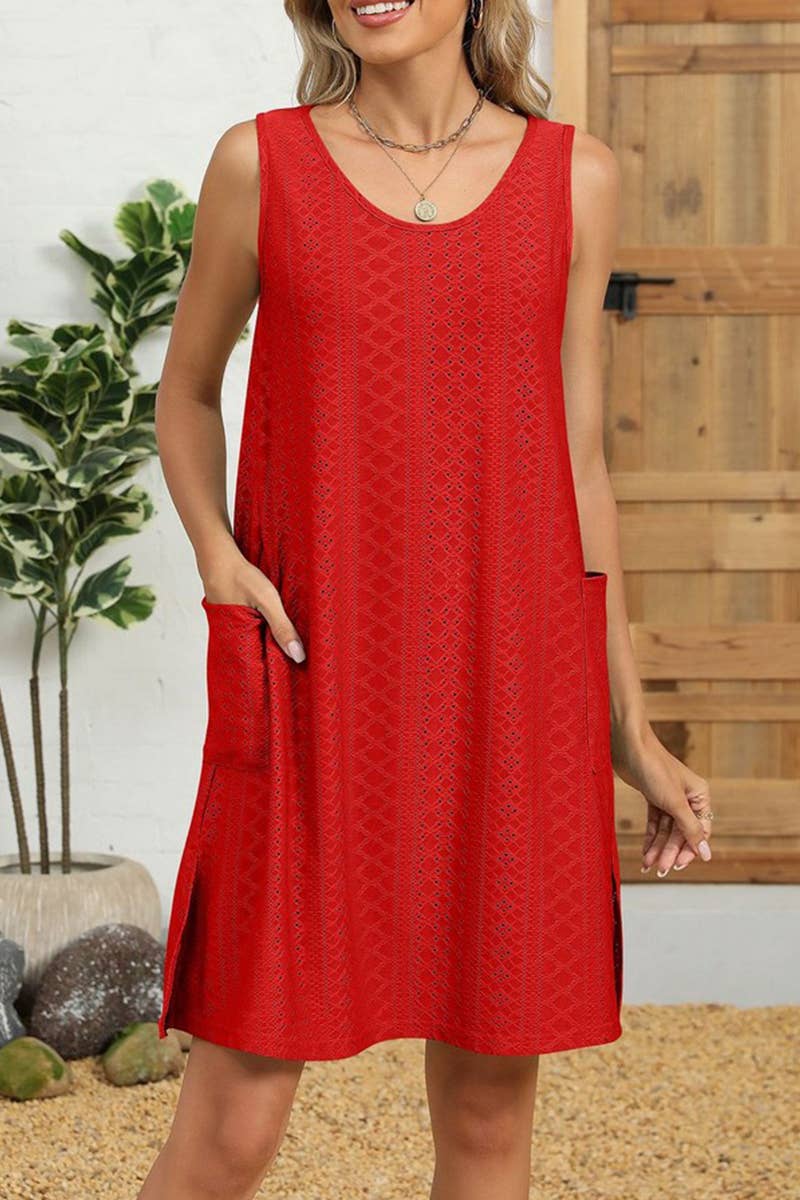 CWDSD7404_ROUND NECK LOOSE SLEEVELESS SOLID COLOR DRESS