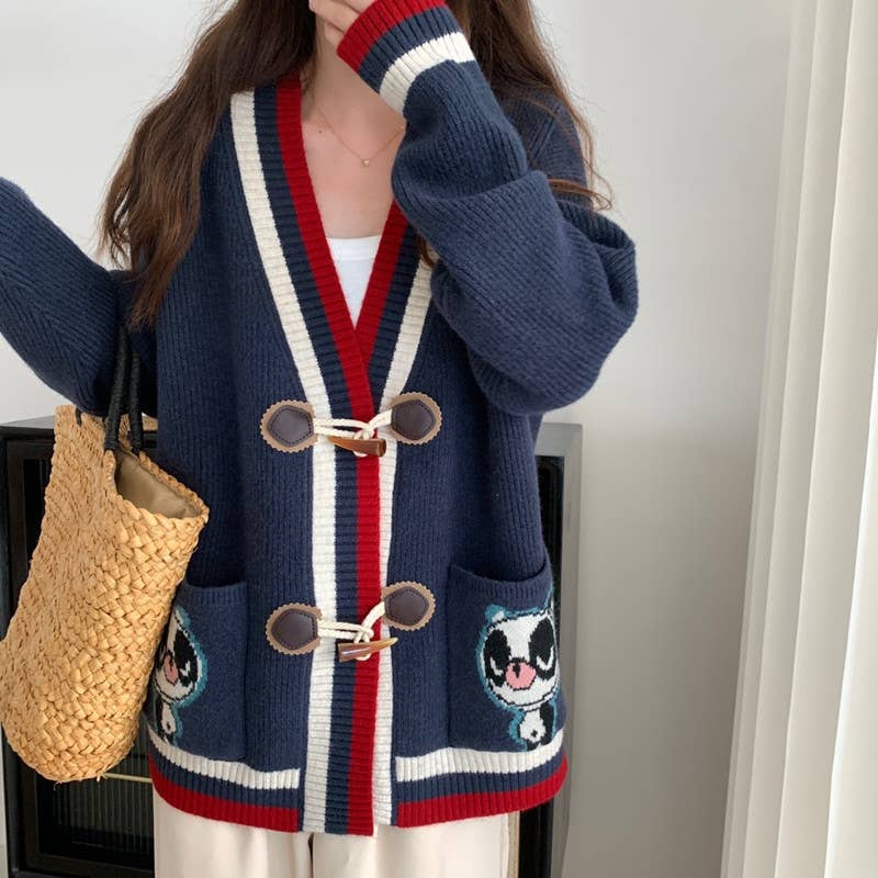 Art collage horn button V-neck knitted cardigan