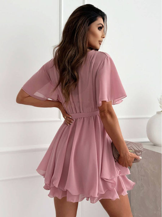 Short dress with V-neck cross-lacing ruffled hem
