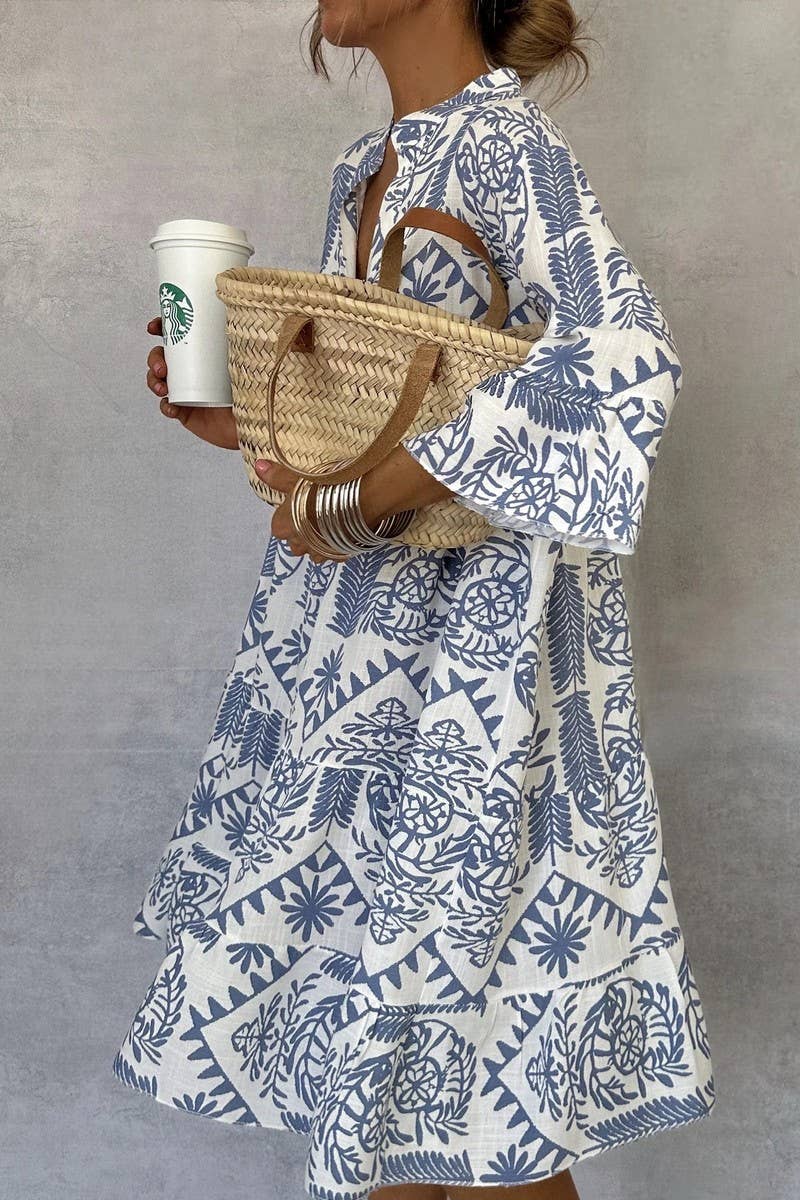 CWDMD5844_CASUAL PRINTED THREE-QUARTER SLEEVE SHIRT DRESS