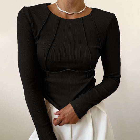 Solid-color split long-sleeved round-neck Top