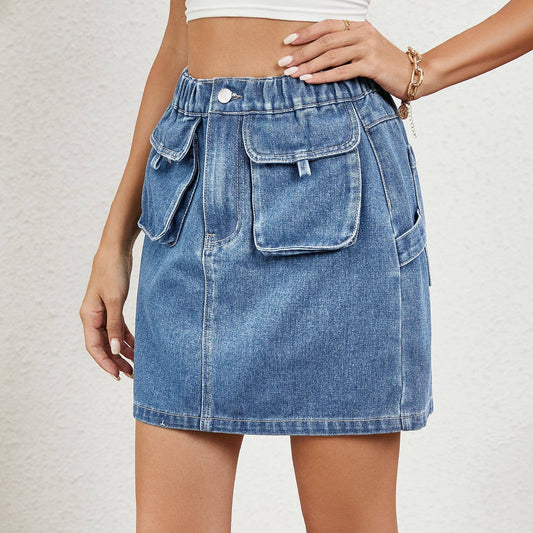 TIGHT WAIST DENIM SKIRT WITH POCKETS