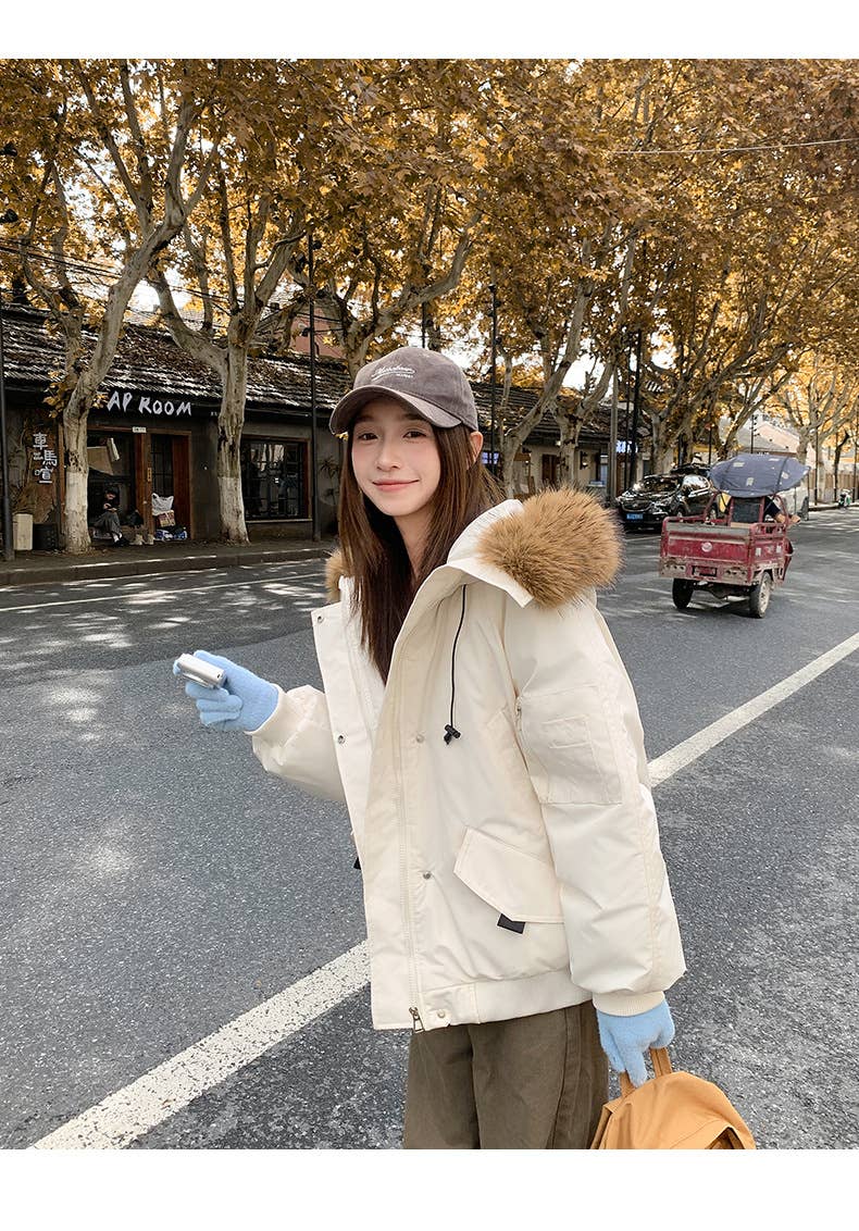 American retro hooded wool-neck coat