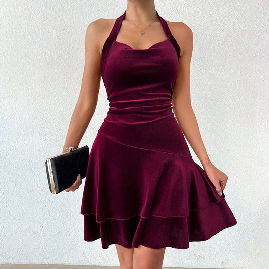 A sexy velvet solid-color off-the-neck dress