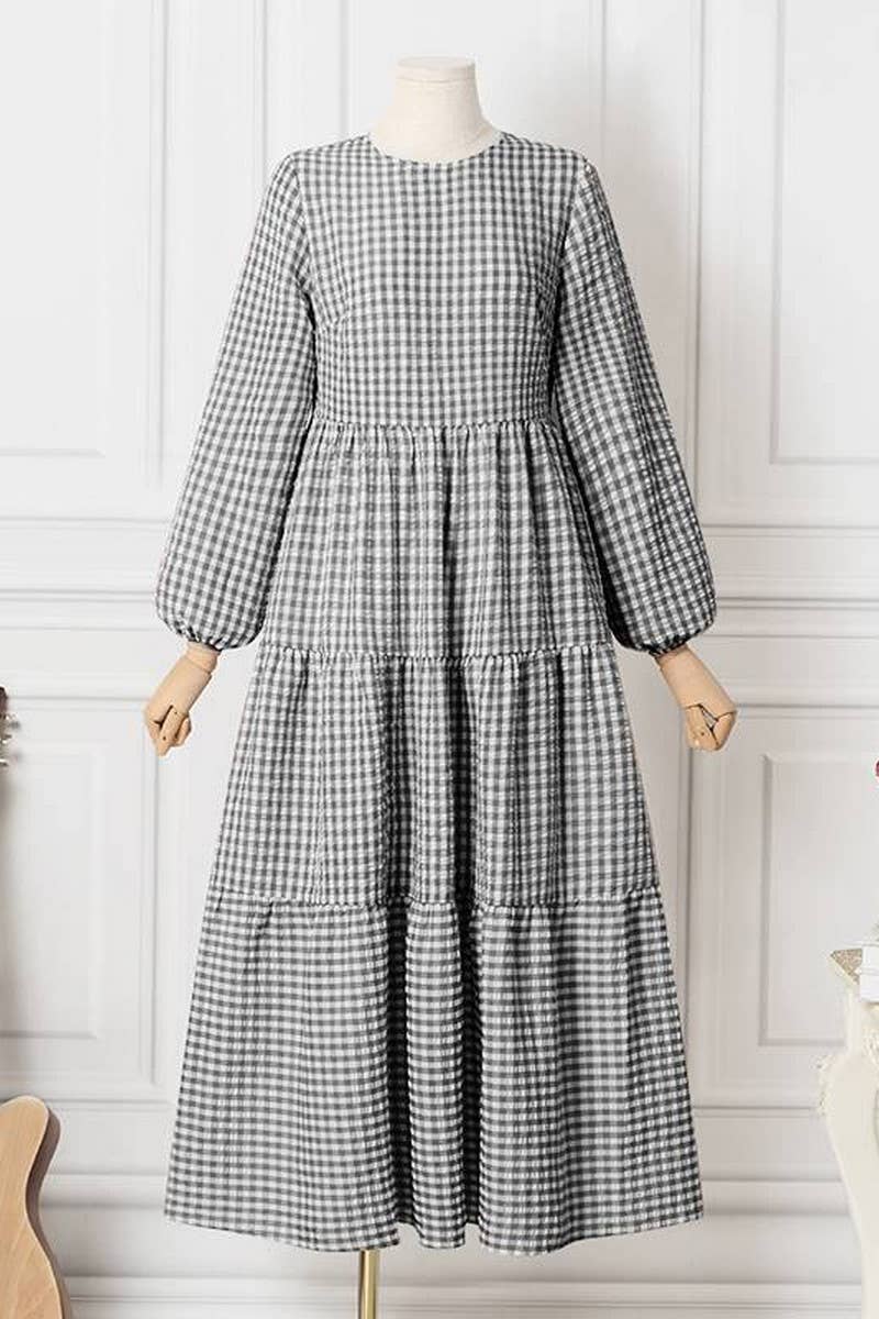 CWDMD3267_CHECKED MUSLIM PUFF SLEEVE DRESS