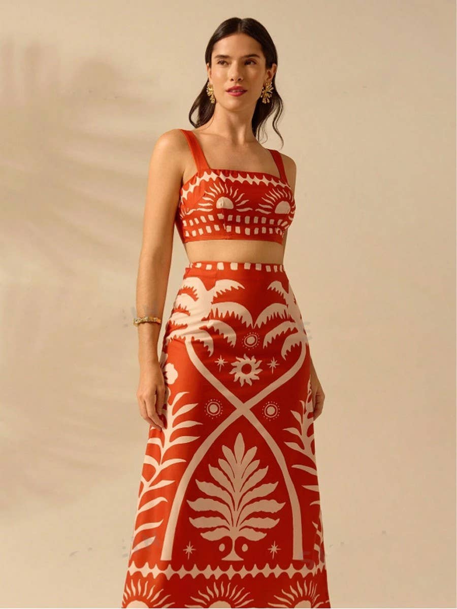 Printed short halter top fitted ultra maxi suit