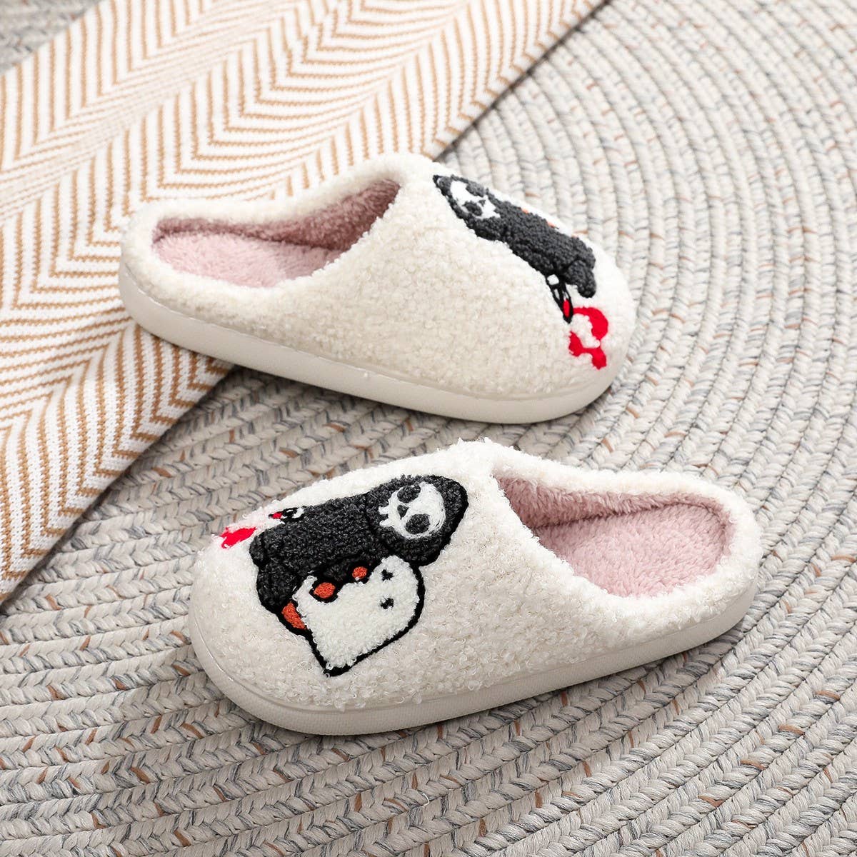 HALLOWEEN SKULL GHOST EMBROIDERY COTTON SLIPPERS