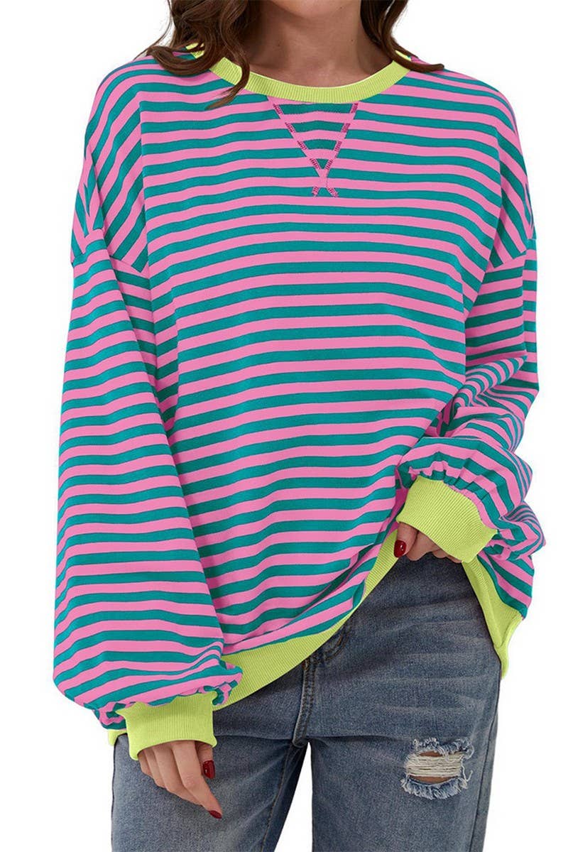WTBLL1485_COLORFUL STRIPED CREW NECK LOOSE SWEATSHIRT